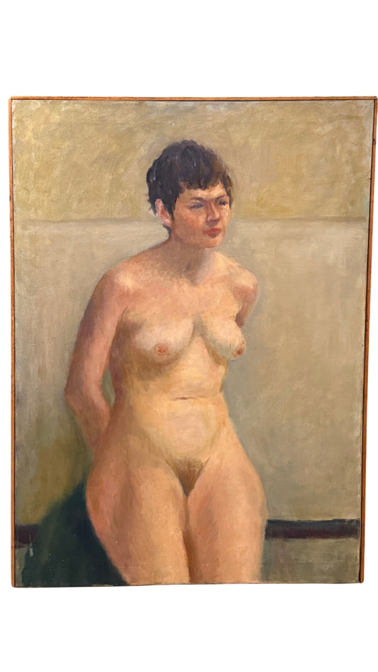 Antique Canvas Nude Woman with Short Hair