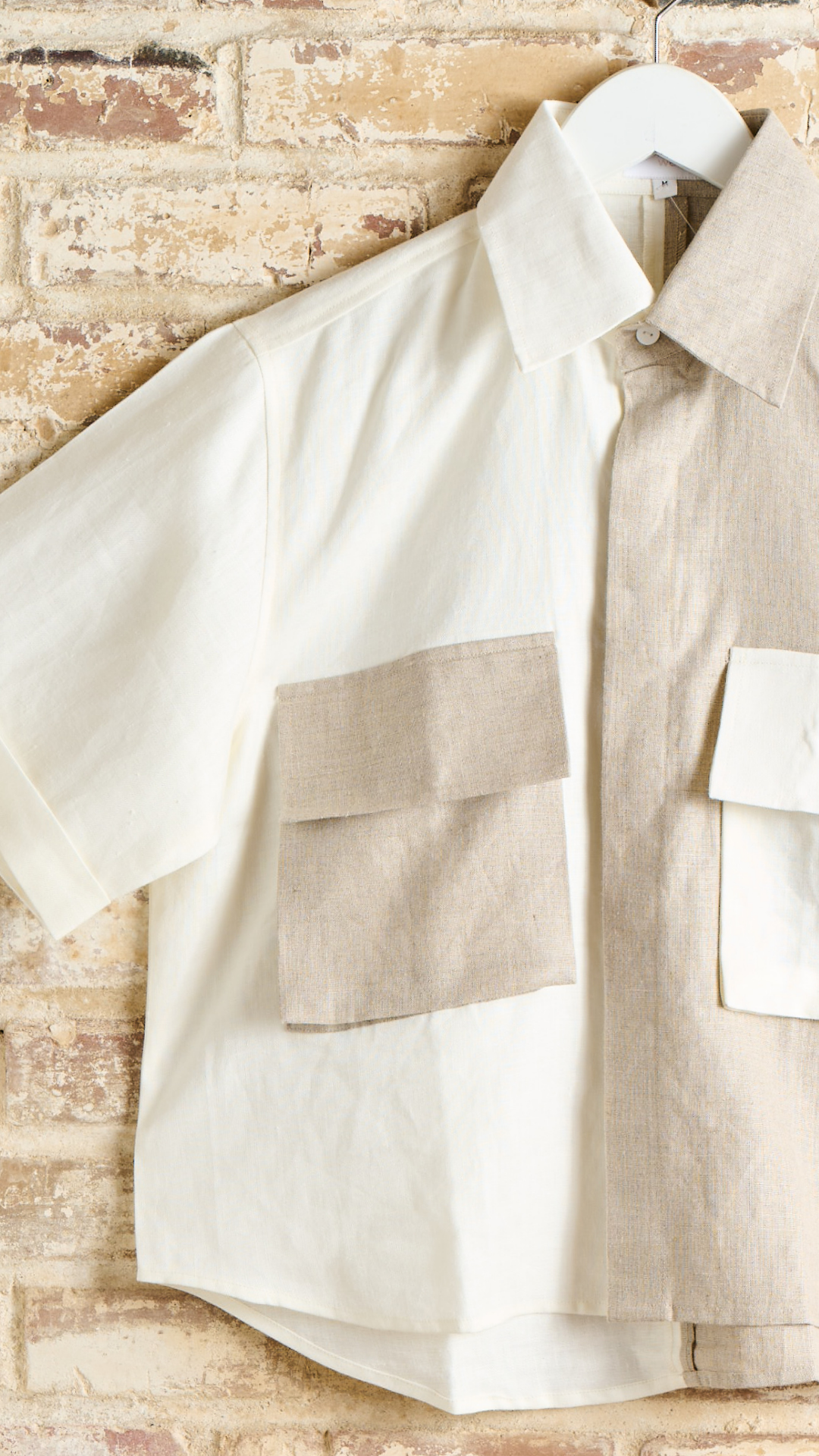 White & Taupe Linen Half & Half Shirt