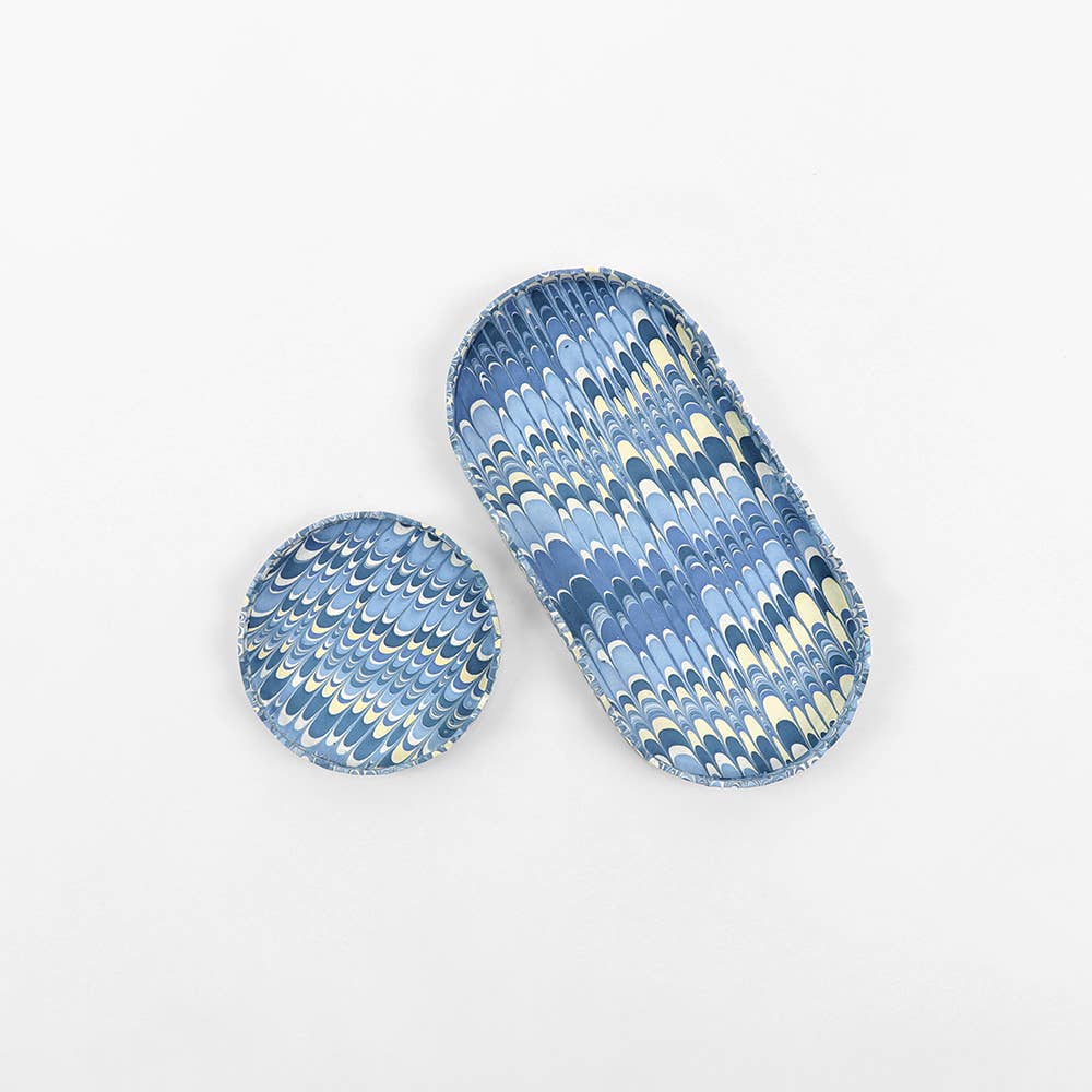 Round Scalloped Tray Set - Marbled Mountains Blue