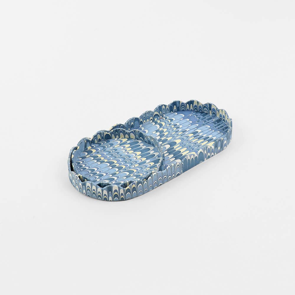 Round Scalloped Tray Set - Marbled Mountains Blue