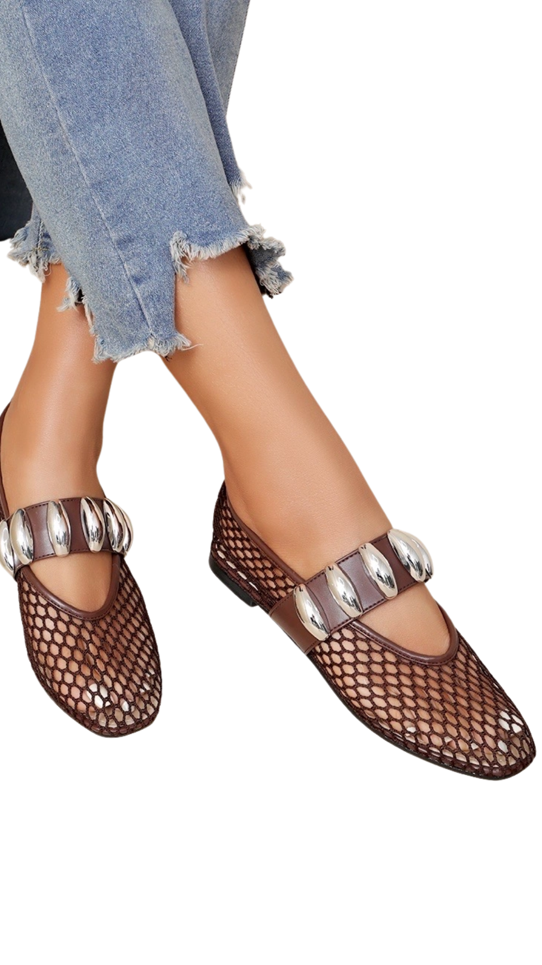 Brown Mesh Ballet Flats with Studded Strap