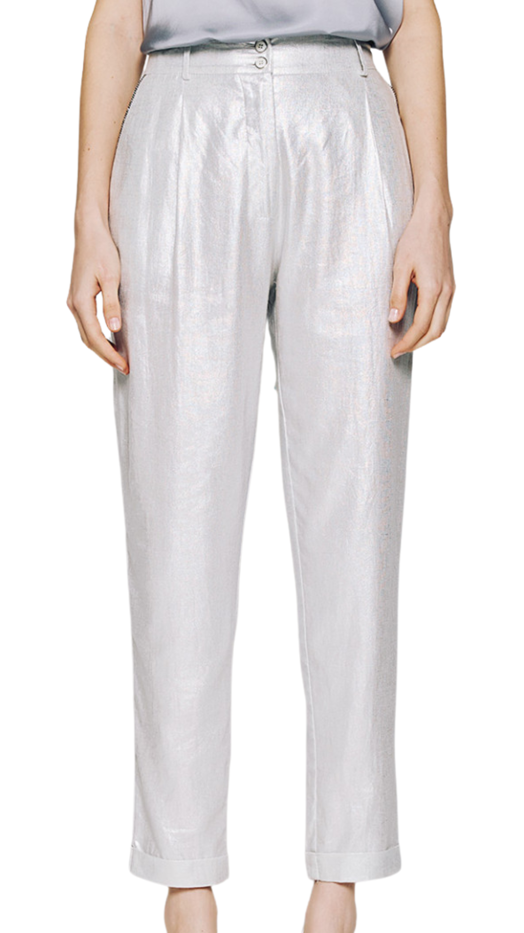 Metallic Effect Pants w/ Rhinestone