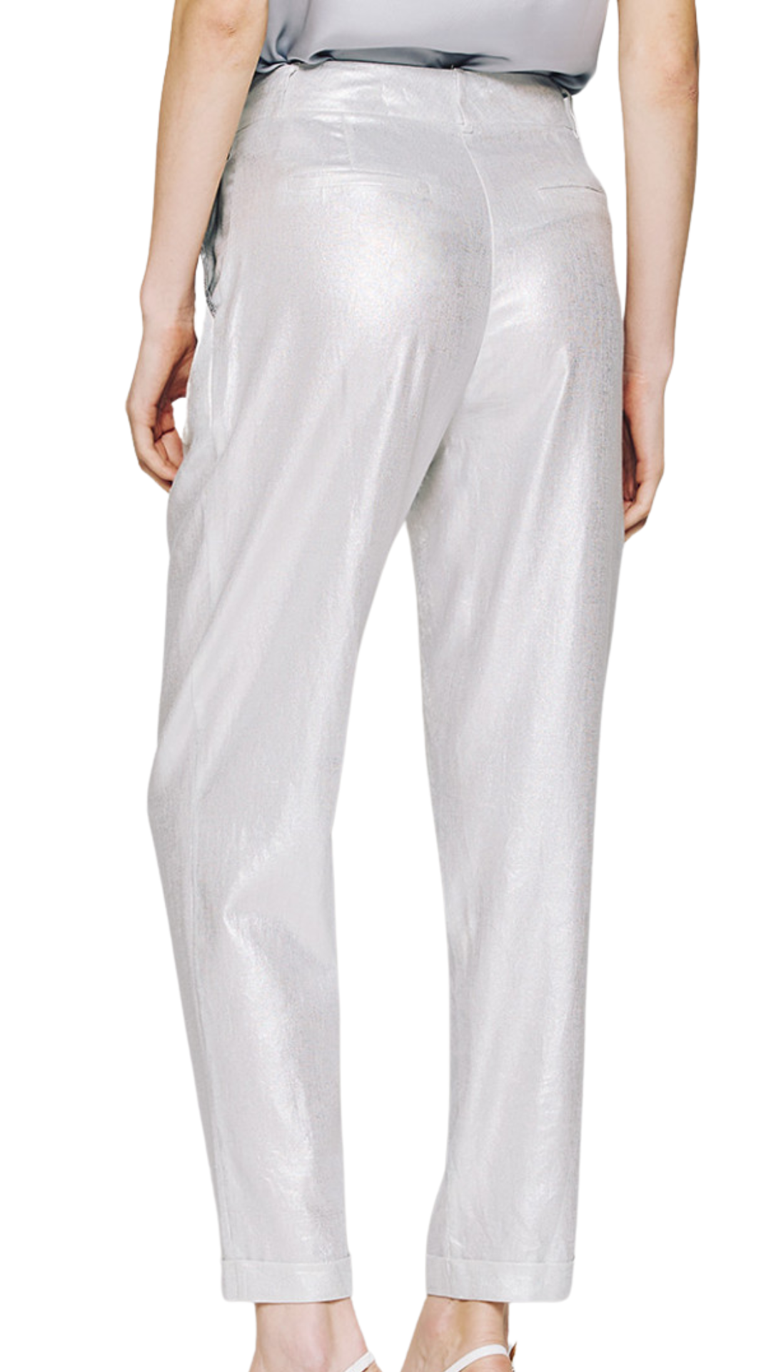 Metallic Effect Pants w/ Rhinestone
