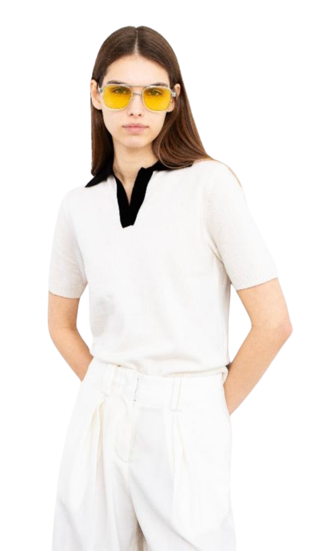 Ivory/Black Color Block Polo Short Sleeve Sweater