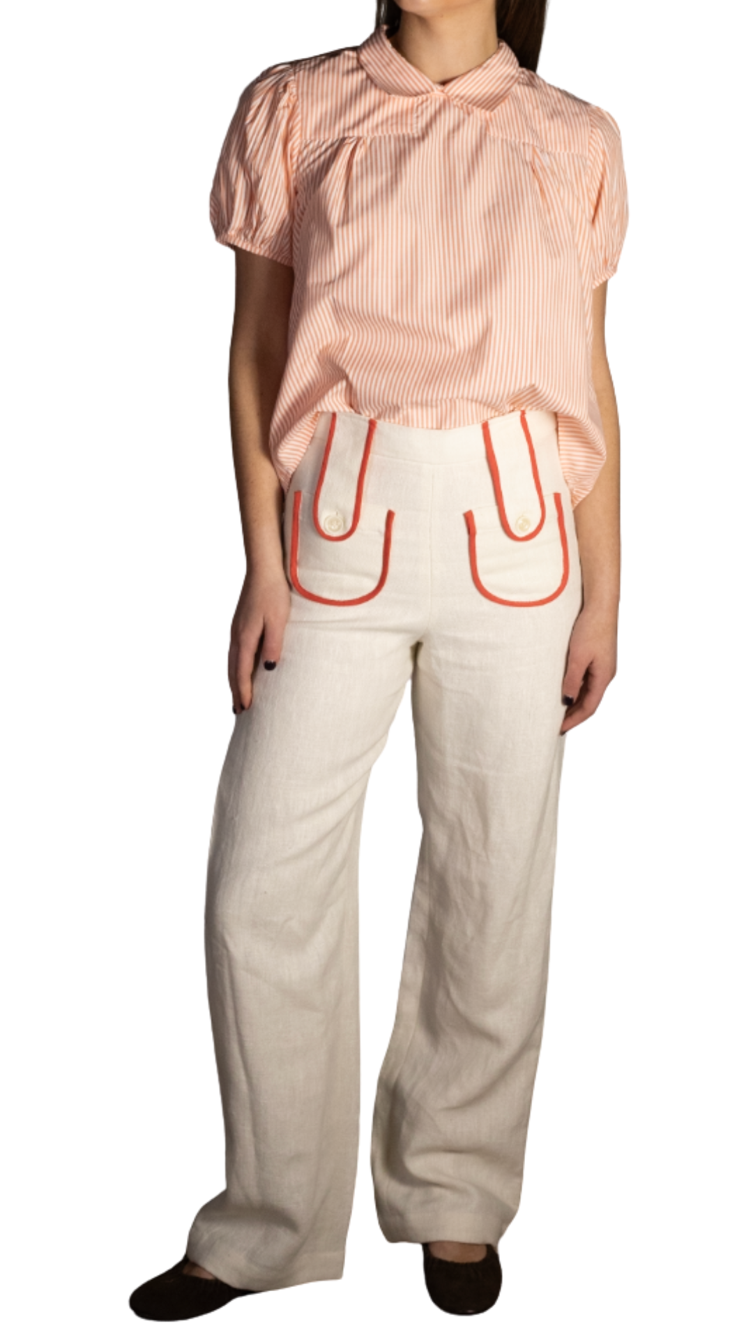 Tezza Tab Pants Ivory Linen w/ Orange Trim
