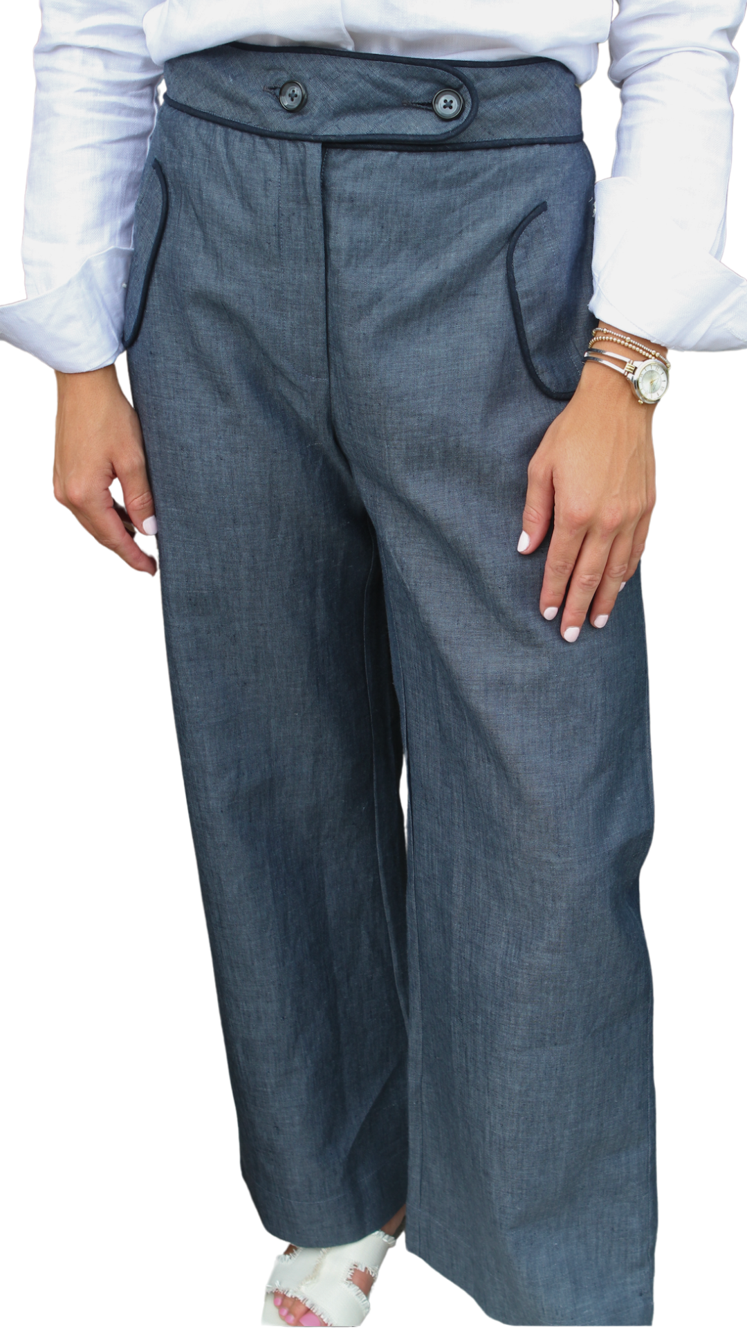 Suzanne Navy Italian Linen Two Tone Pants