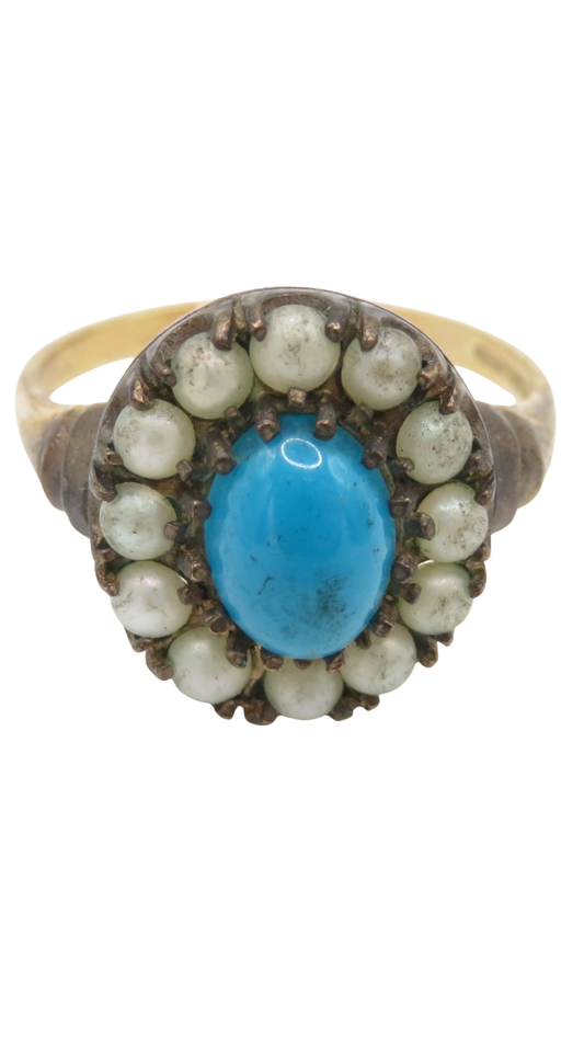 15 Turquoise Seed Pearl Halo Ring
