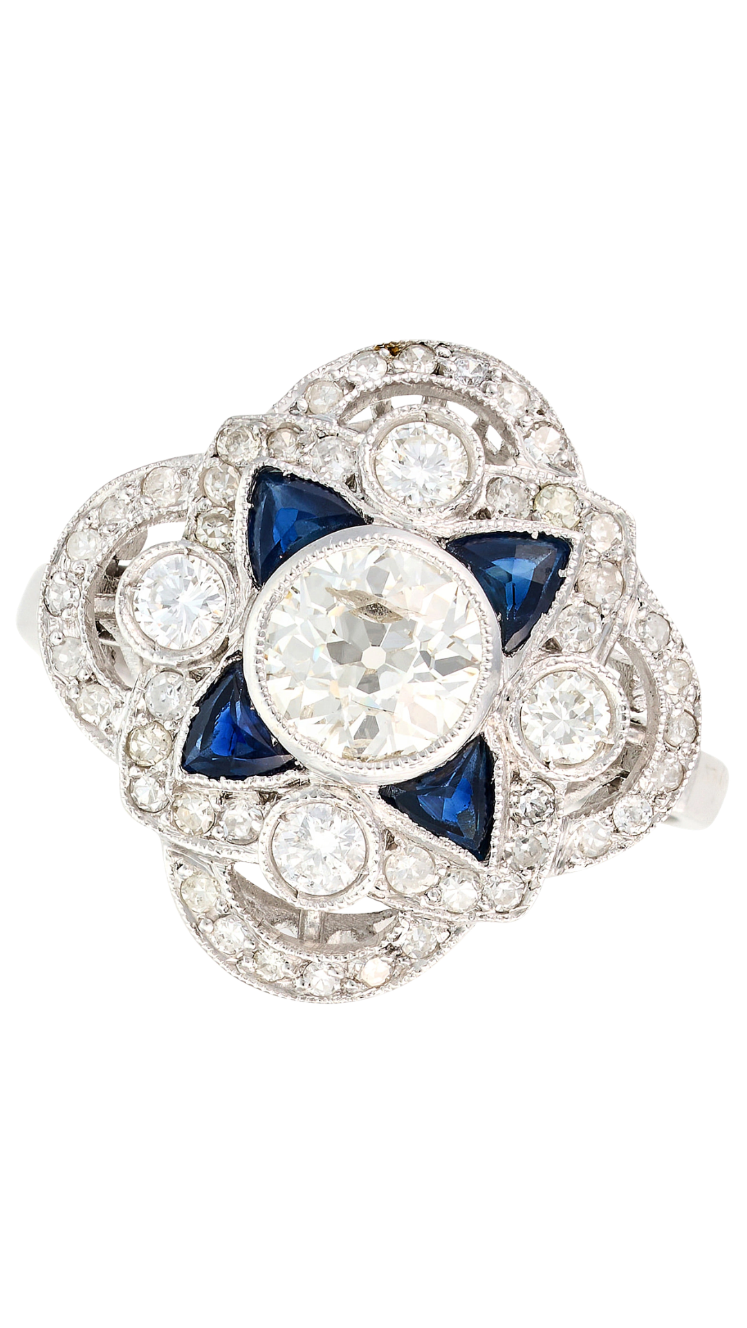 47 European Cut Diamond Sapphire Ring