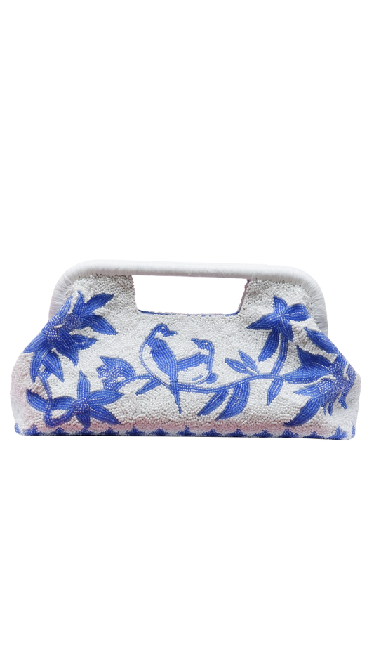 Blue Birds Raffia Clutch