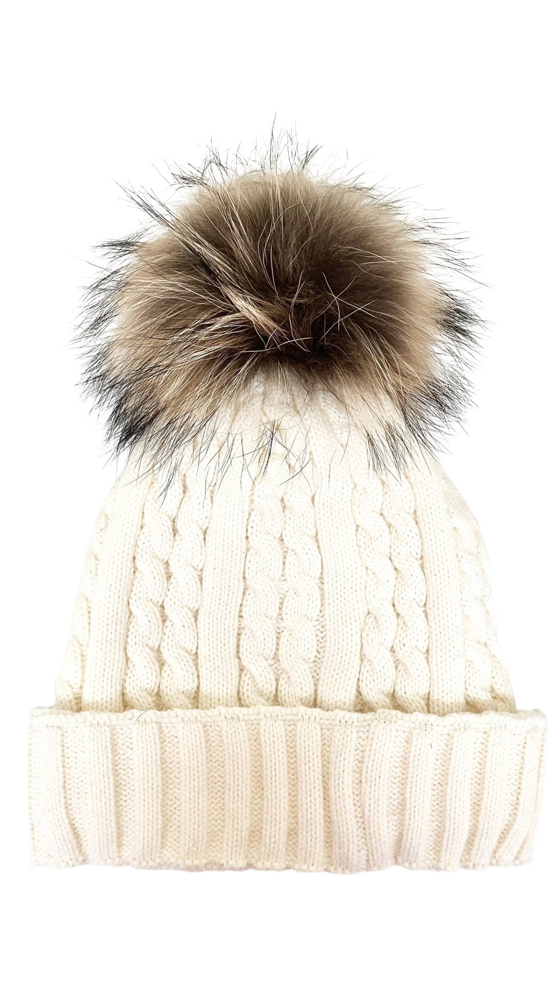 Cable Knit Beanie with Fox Pom Pom
