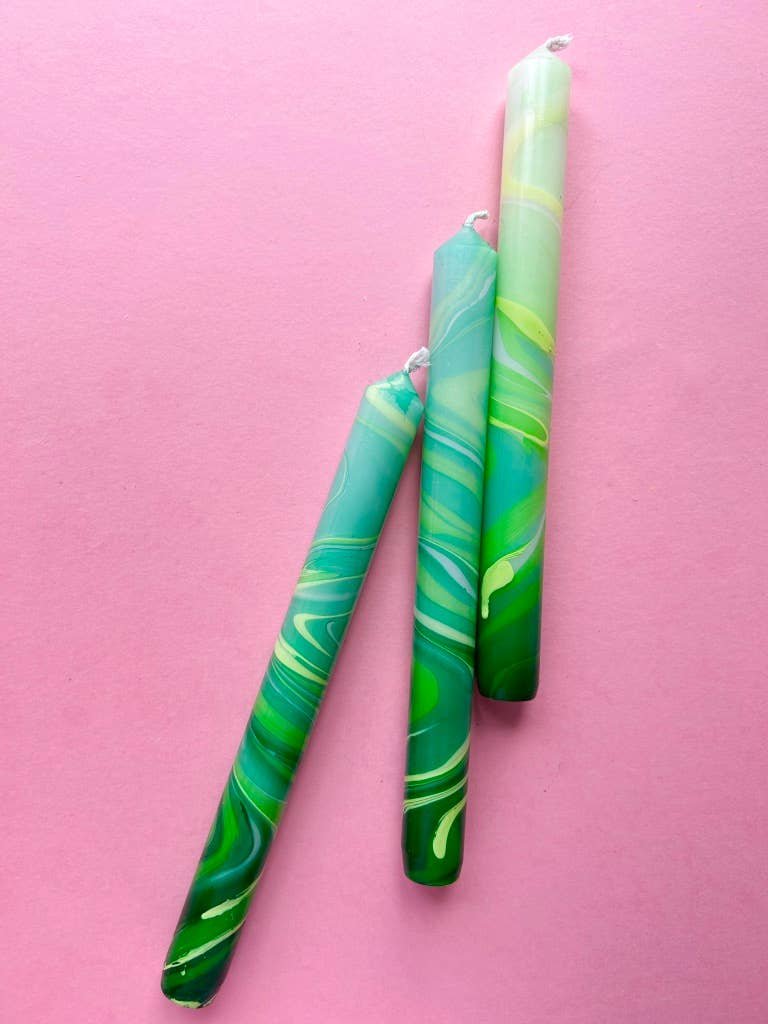 GREEN LEAVES - Marbled Dinner Candle Trio