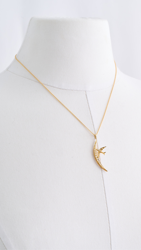 14Kt & Pearl Crescent Moon Swallow Necklace