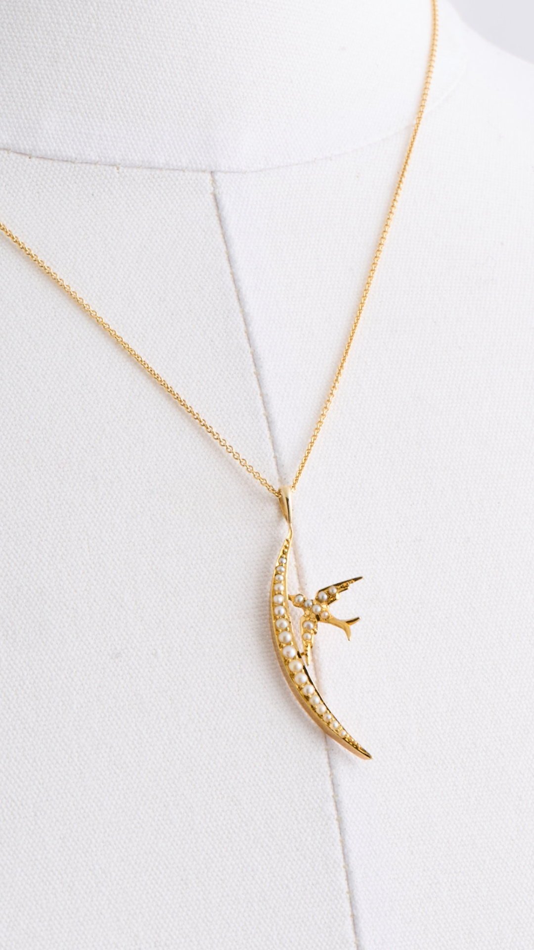 14Kt & Pearl Crescent Moon Swallow Necklace