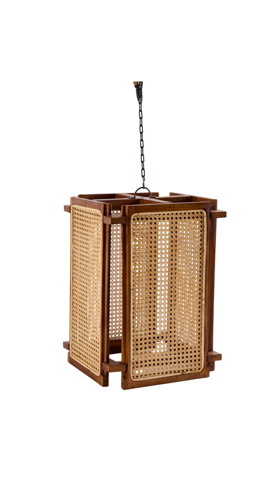 INDO20 Teak Wood & Rattan Hanging Lamp