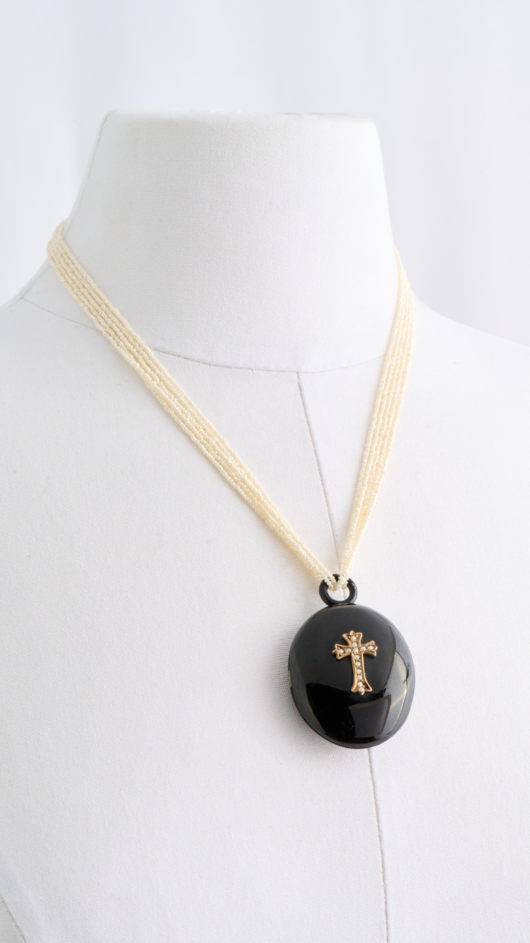 Onyx Locket Pearl Cross Necklace
