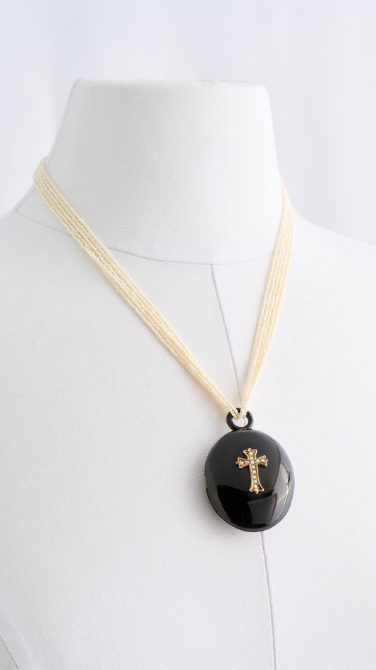 Onyx Locket Pearl Cross Necklace