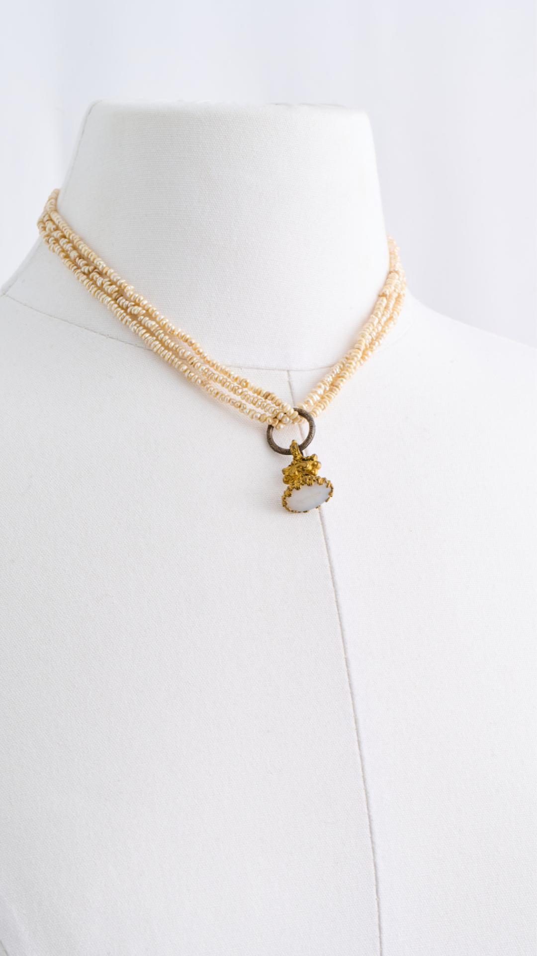 Seed Pearl Drop Necklace w/White Chalcedony Fob