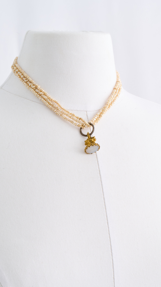 Seed Pearl Drop Necklace w/White Chalcedony Fob