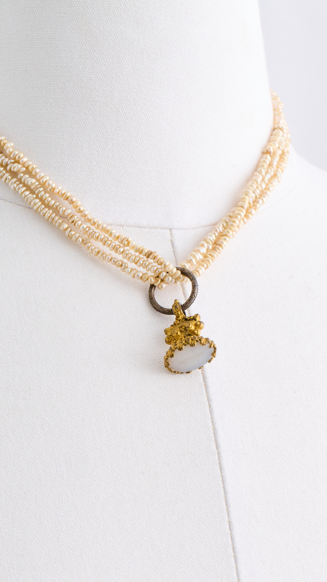 Seed Pearl Drop Necklace w/White Chalcedony Fob