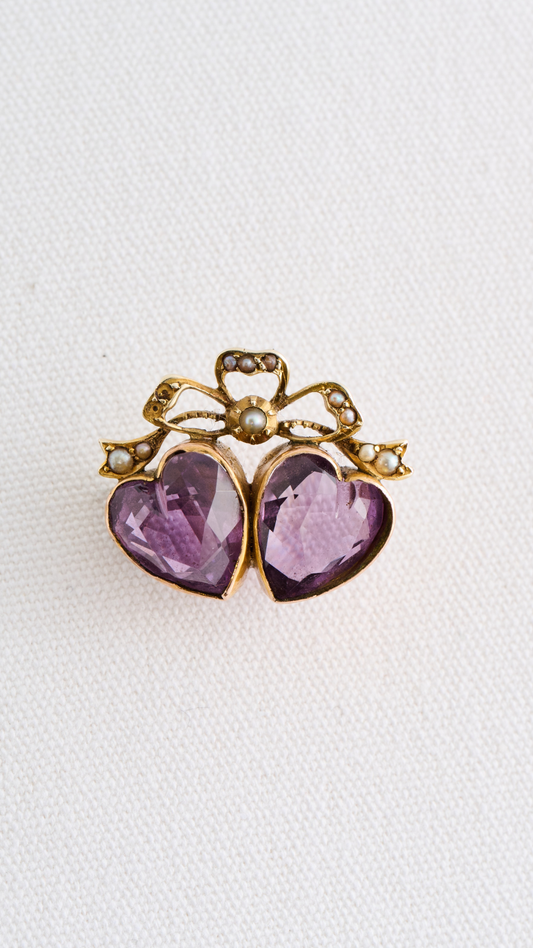 Pin w/Two Amethyst Hearts 7 Tiny Pearls