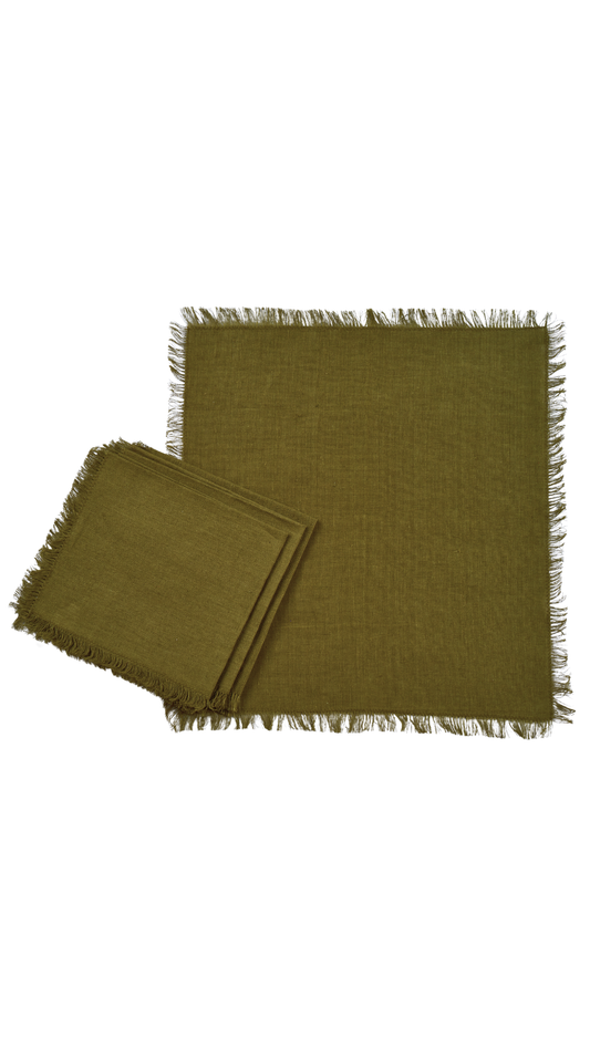 S/4 Olive Green Linen Fringe Napkin