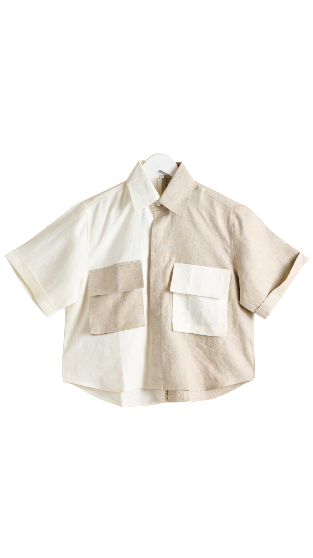 White & Taupe Linen Half & Half Shirt