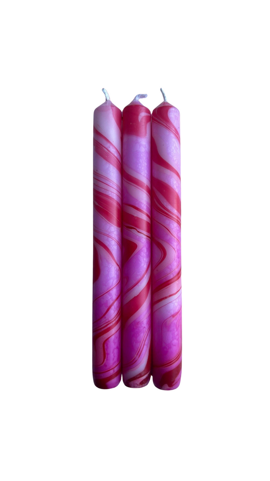 MAGENTA EMBRACE -  Marbled Dinner Candle Trio