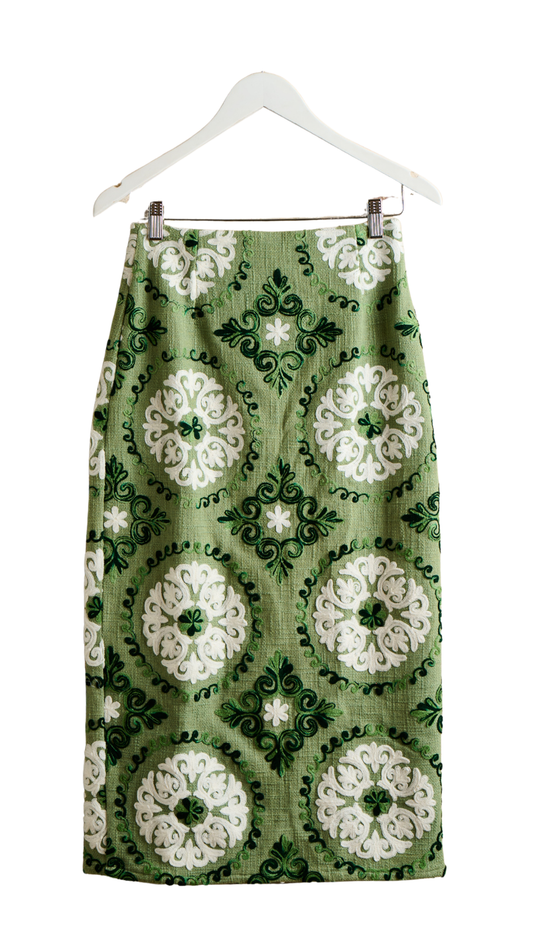 Green Suzani Tapered Pencil Skirt