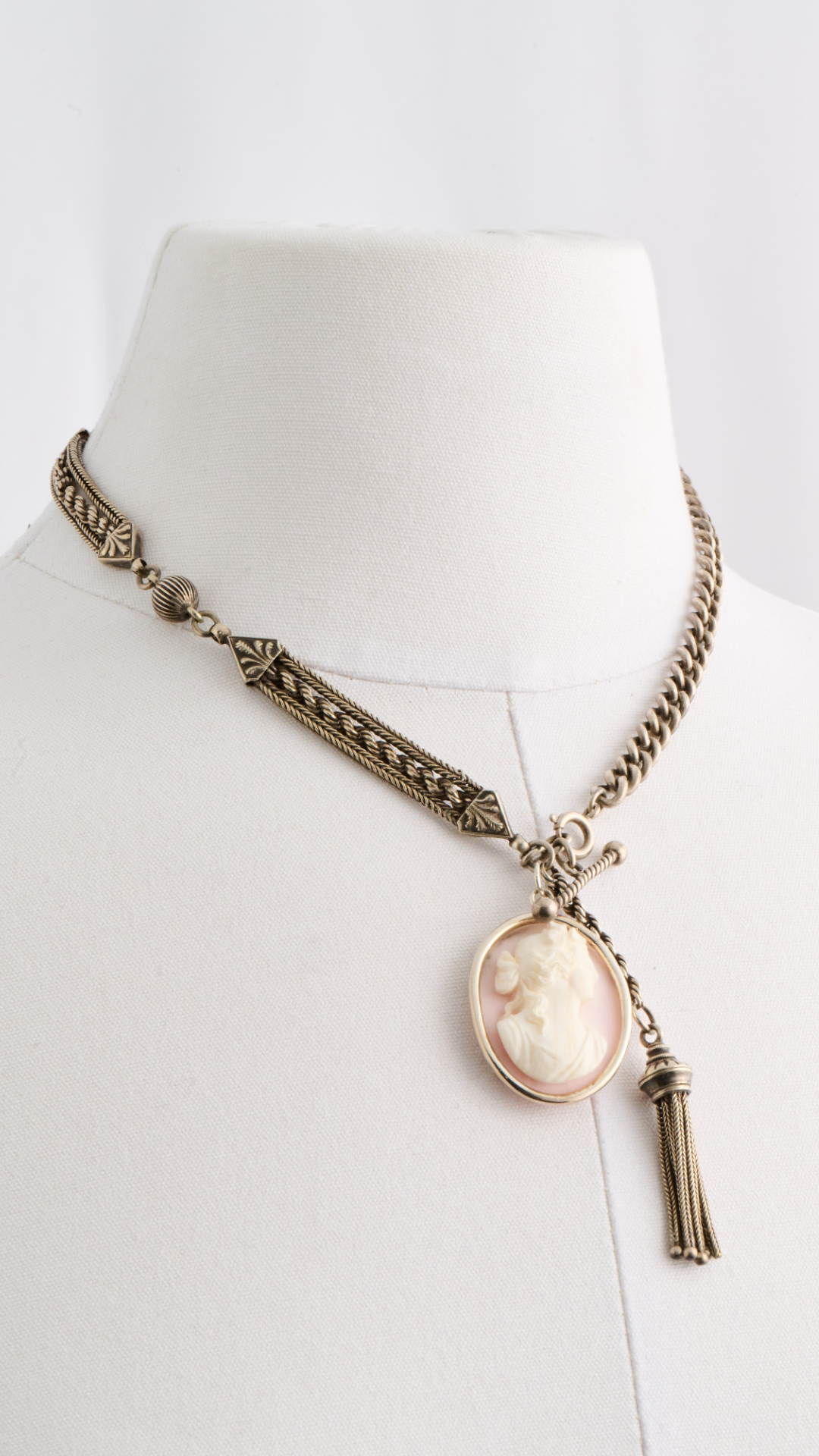 Two Vintage Silver Watch Chains w/Silver Tassel & Vintage Cameo