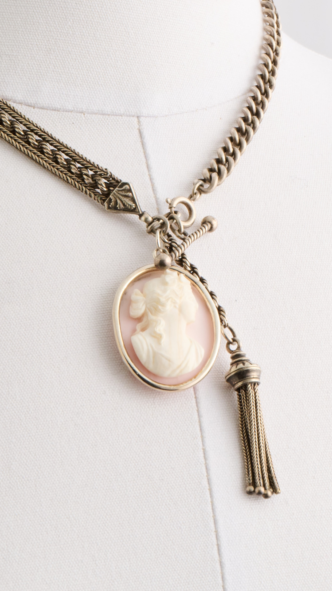 Two Vintage Silver Watch Chains w/Silver Tassel & Vintage Cameo