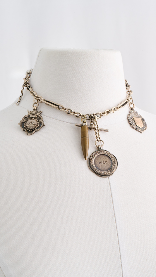 Sterling Necklace w/1920 Medals & Bullet Charm