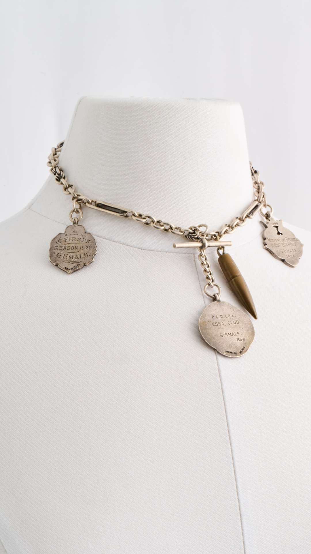 Sterling Necklace w/1920 Medals & Bullet Charm