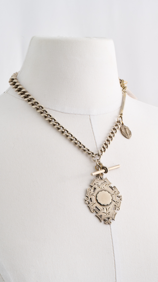 OOH Neckmess Vintage Watch Chain w/Fob & Meallion