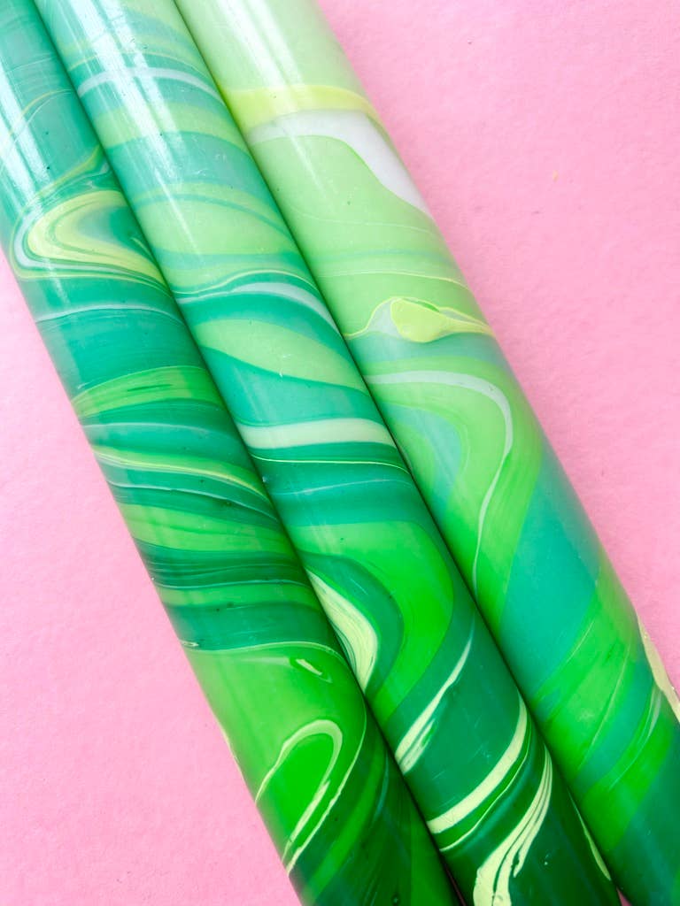 GREEN LEAVES - Marbled Dinner Candle Trio