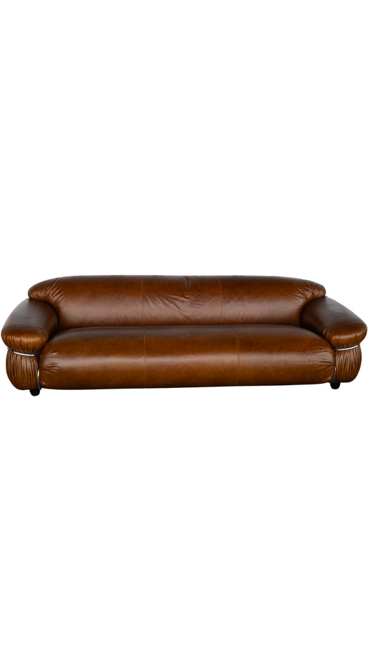 Fine Leather Sofa Art Deco with Chrome Accents