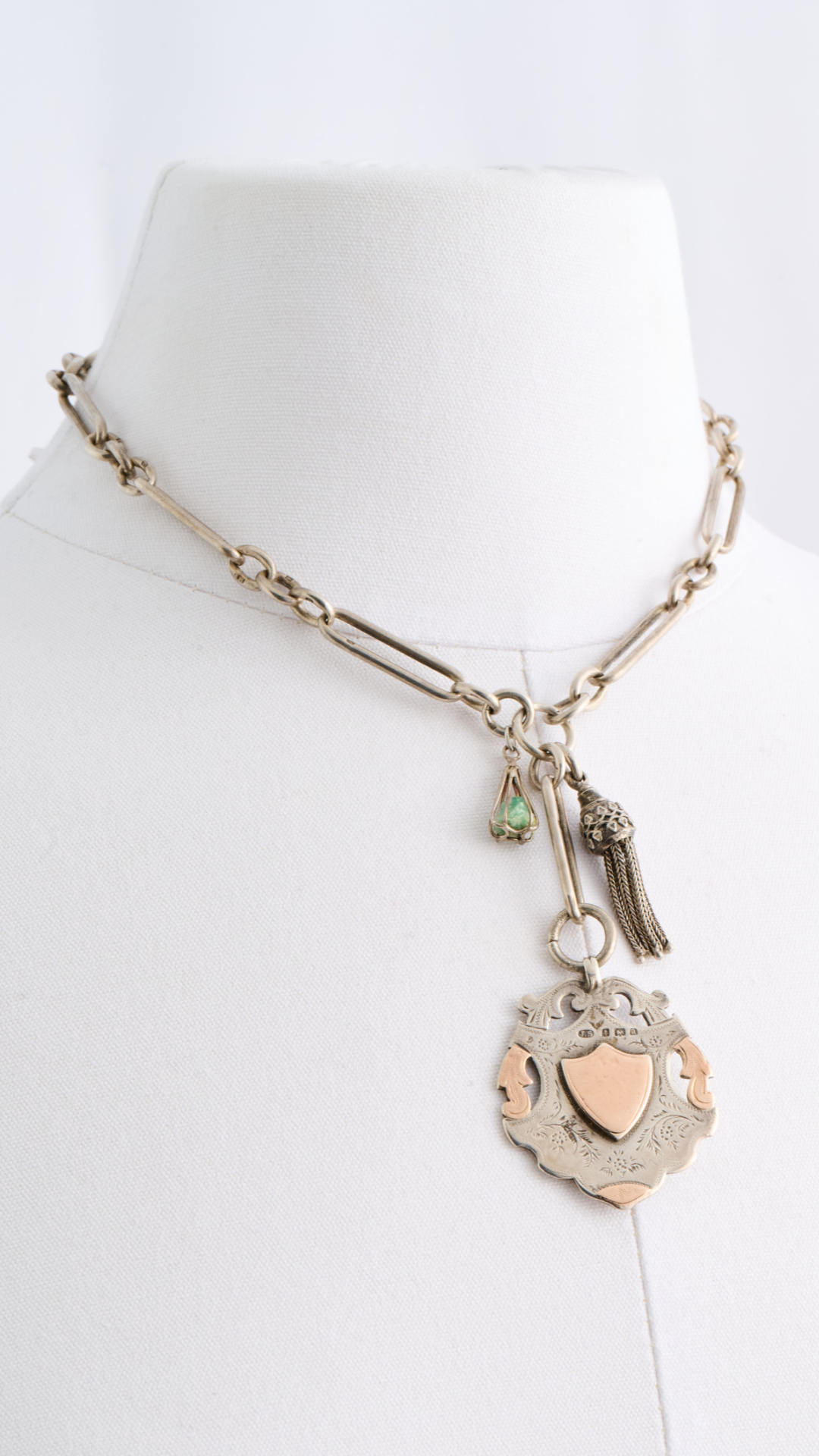 Sterling Watch Chain, Silver Medallion, & Tassel & Turquoise Charm Neckmess