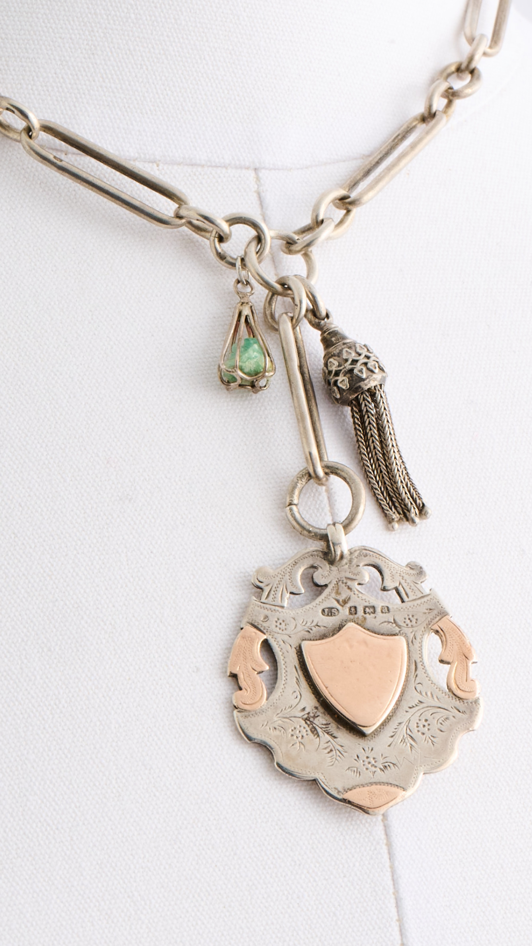 Sterling Watch Chain, Silver Medallion, & Tassel & Turquoise Charm Neckmess