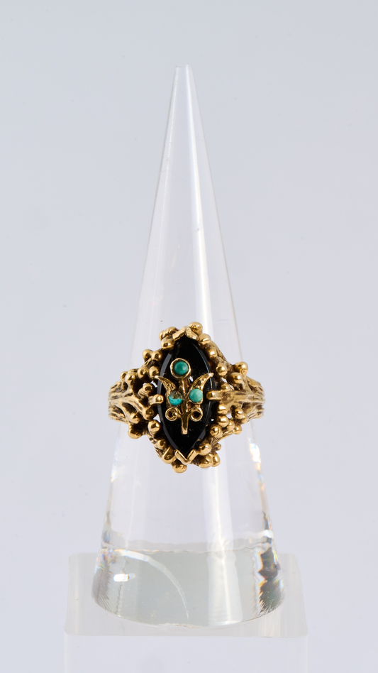 Gold Coral Ring w Onyx & Turq