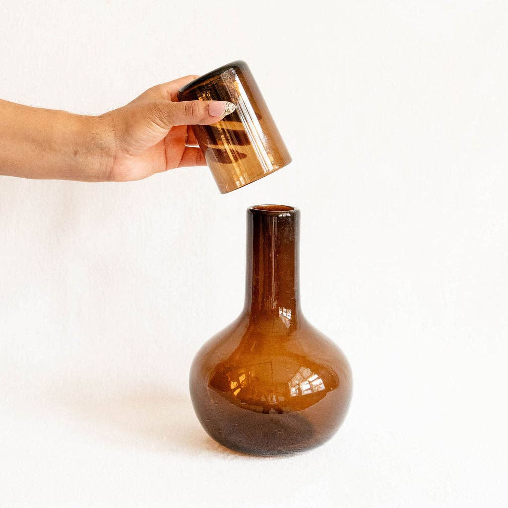 Handblown Round Glass Carafe with Lid - Chocolate
