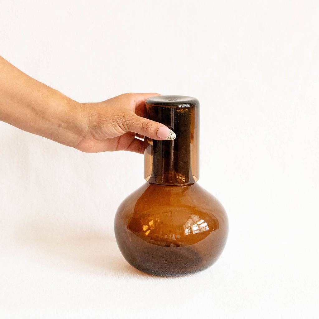 Handblown Round Glass Carafe with Lid - Chocolate