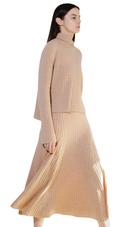 Camel Ribbed Flare Skirt