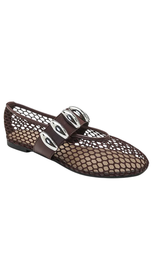 Brown Mesh Ballet Flats with Studded Strap
