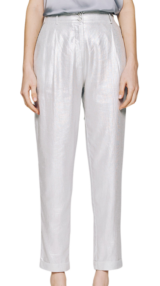 Metallic Effect Pants w/ Rhinestone