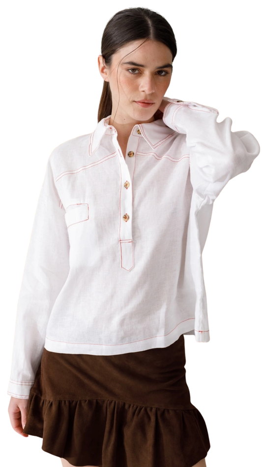 White Linen Polo Blouse