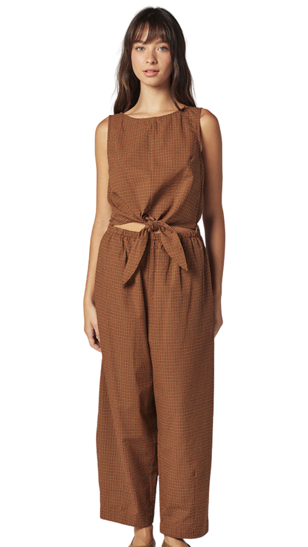 Brown Check Front Knot Tie Top