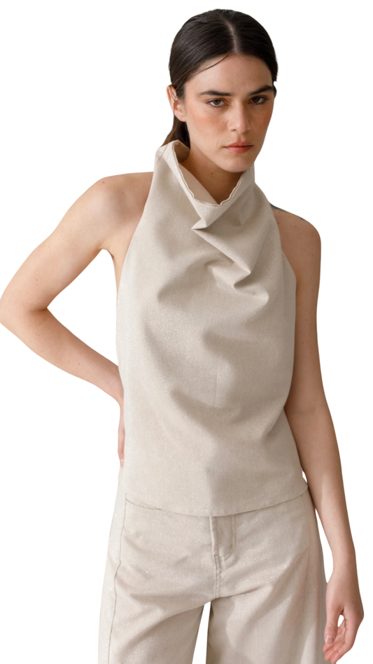 Beige Lurex Halter Top