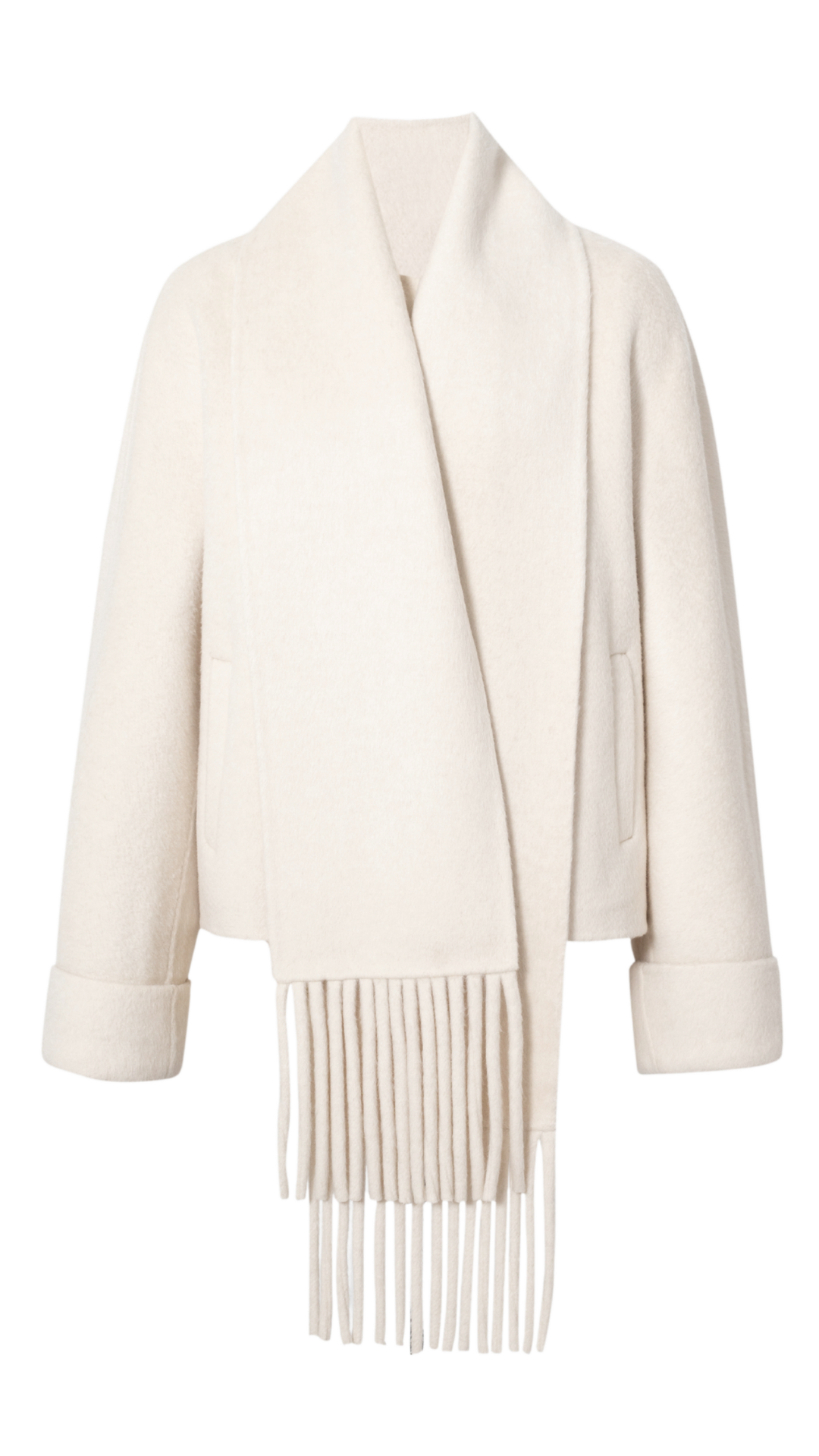Light Beige Wool Cropped Jacket w/ Fringe Scarf