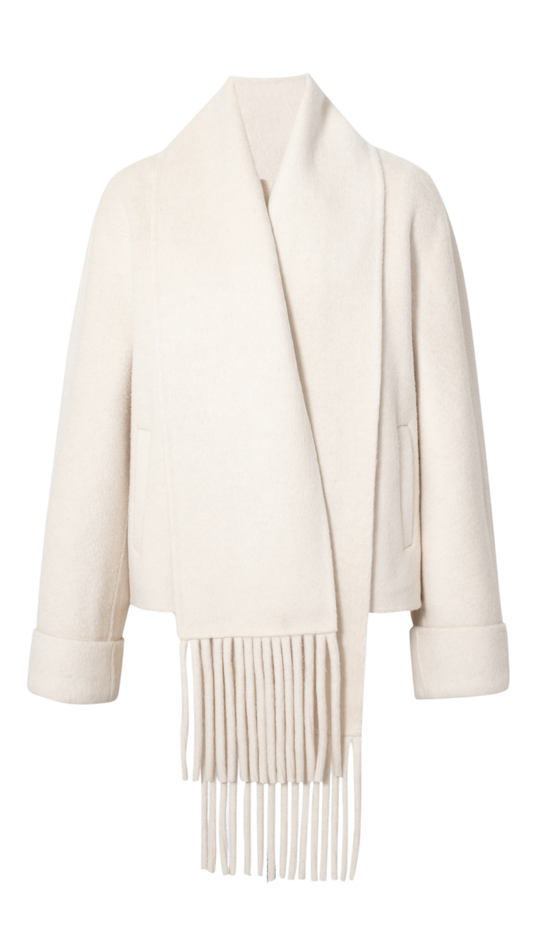 Light Beige Wool Cropped Jacket w/ Fringe Scarf
