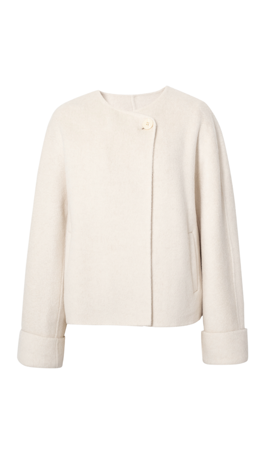 Light Beige Wool Cropped Jacket w/ Fringe Scarf