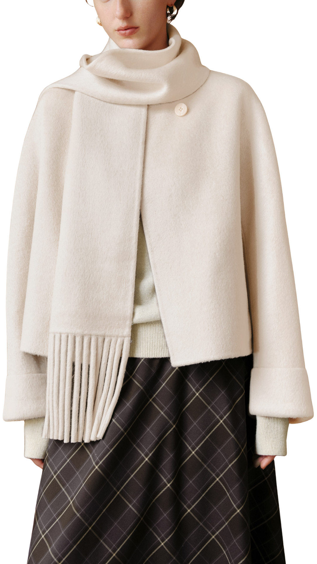 Light Beige Wool Cropped Jacket w/ Fringe Scarf
